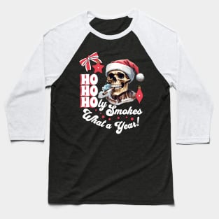 Funny Christmas Skeleton Wearing Santa Hat and Smoking Cigar Baseball T-Shirt